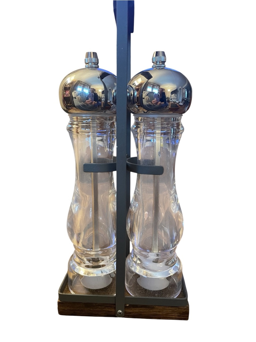 Urban Gourmet salt and pepper tall acrylic grinders metal frame stand silver top